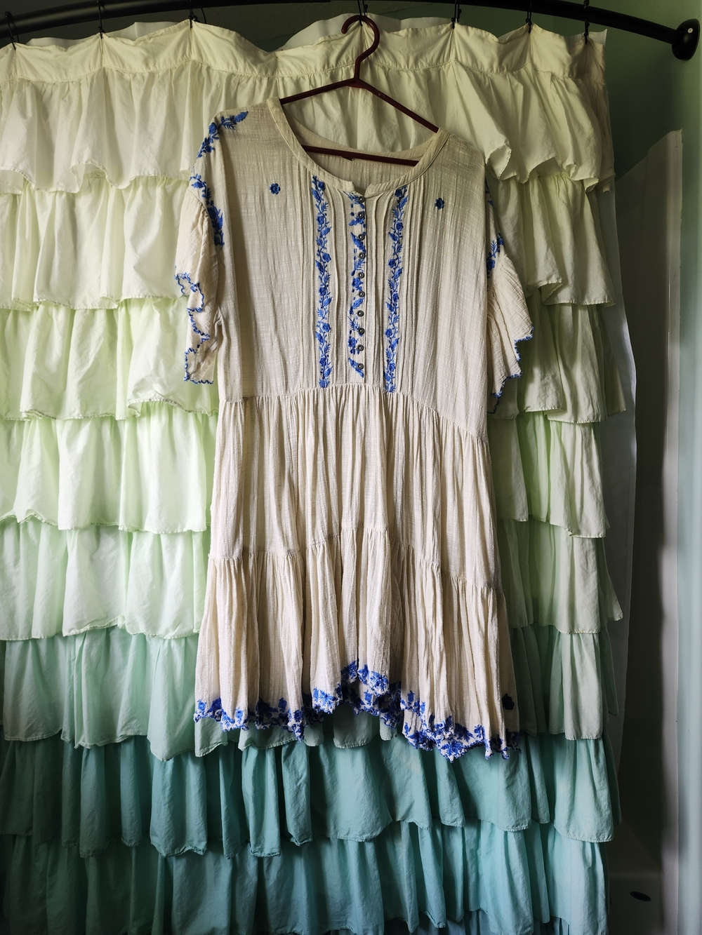 Free People Cream Mini Dress with Blue Embroidery